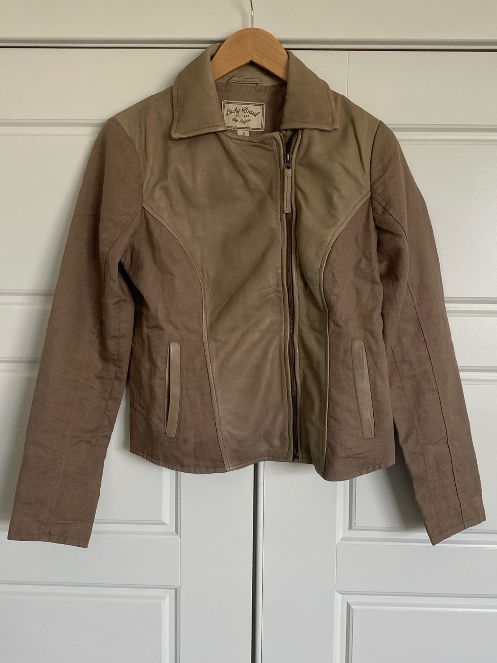Lucky Brand Lamb Leather Linen Moto Jacket Tan Brown Size Small